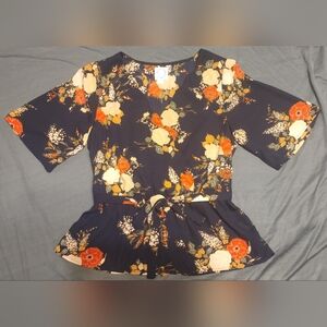 Blue Rain Navy Floral V-neck Shirt W/ Matching Belt, Size XS